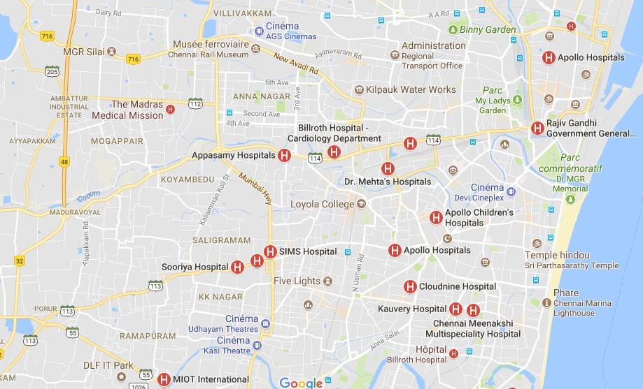 नक्शा चेन्नई के अस्पतालों